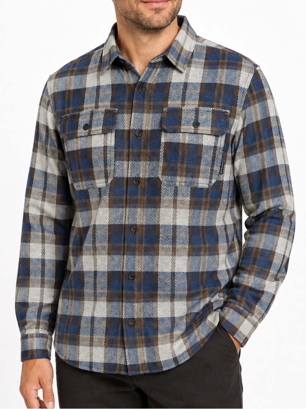 Rainforest Men’s L Blue Gray Plaid Flannel Button-Up Stretch Shirt